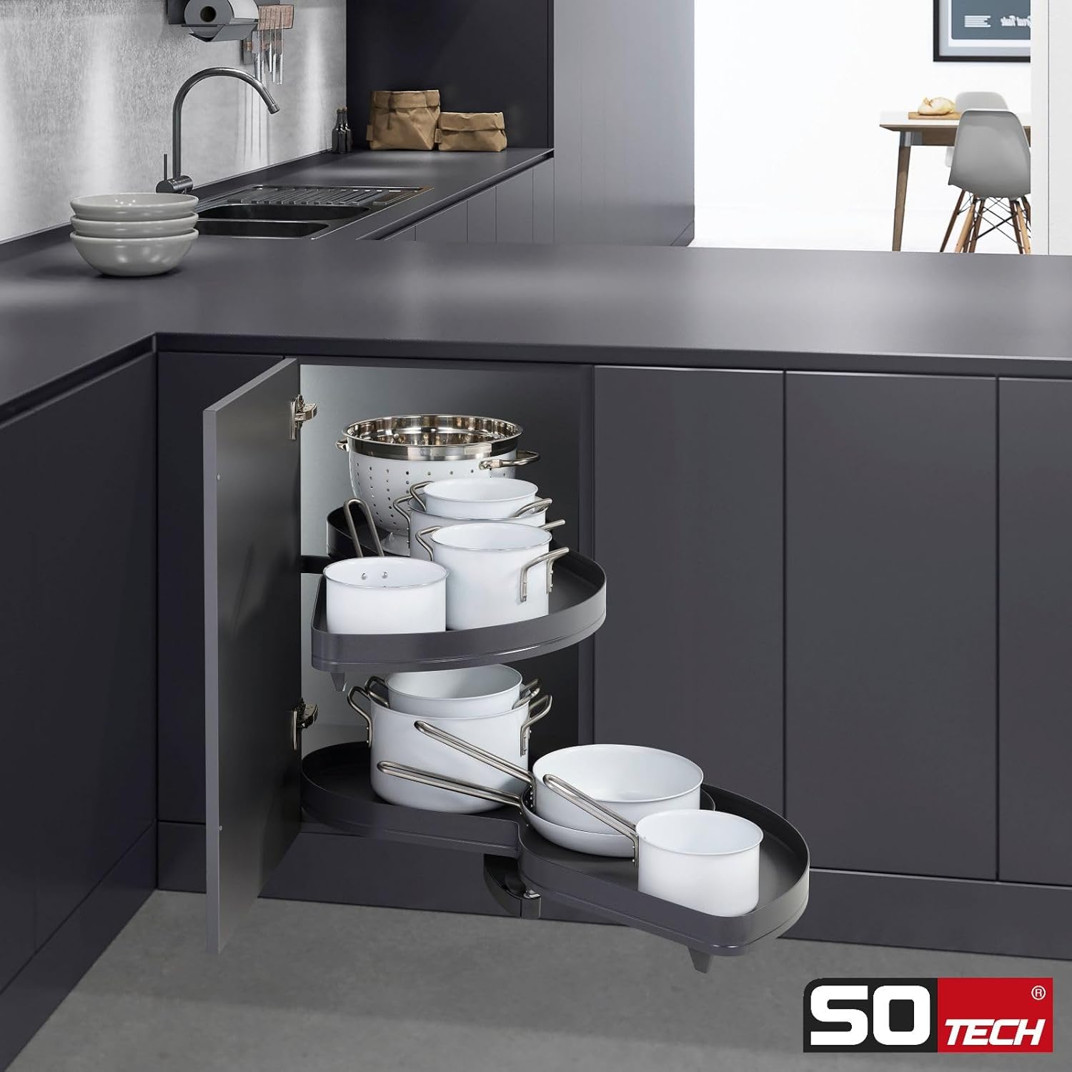 SOTECH Lemans II Arena Pure anthrazit rechts ausschwenkend für Eckschrank mit 60 cm Türbreite und Lichter Schrankhöhe von 650-800 mm Kesseböhmer Eckschrankauszüge Schwenkauszug