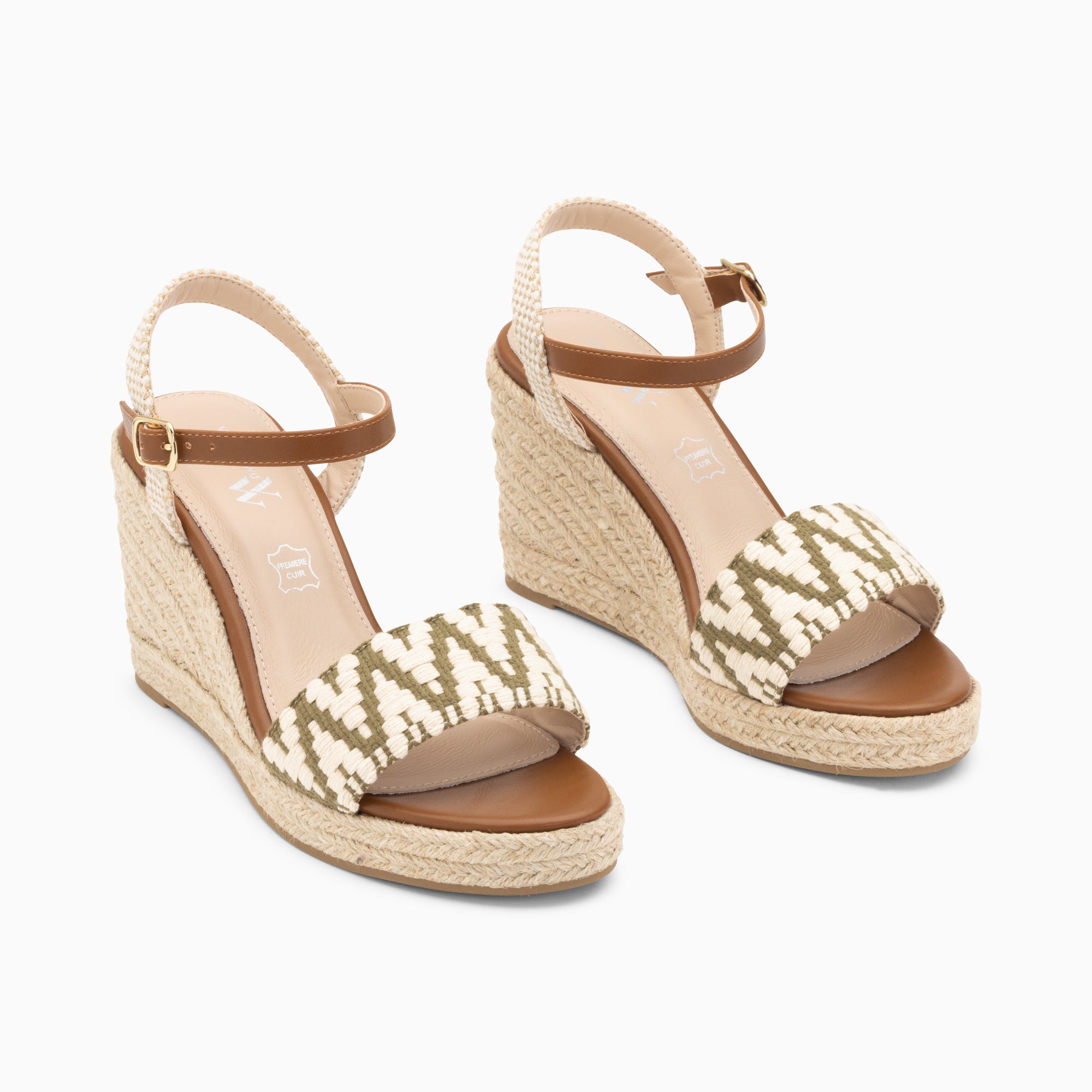 Sandales à talon, Compensées-Sandales compensées Malvina kaki en tissu jacquard