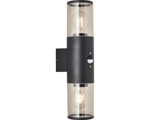 Sensorgestuurde buitenwandlamp, 2-lichts, Sergioro, zwart/gerookt glas