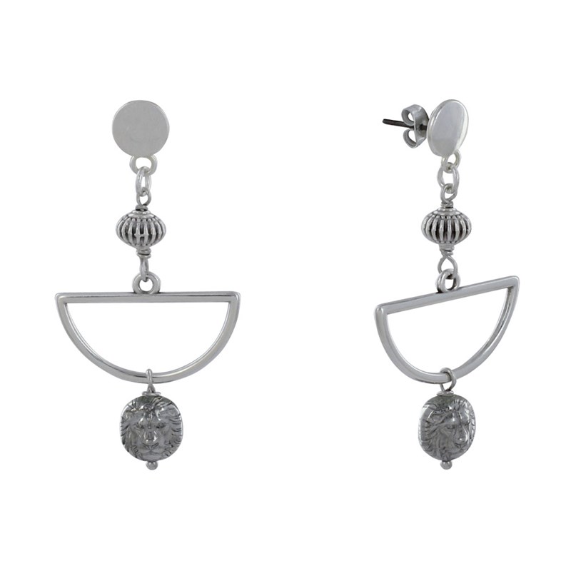 Boucles d'Oreilles Clous Métal Argenté Demi Lune et Perle Tête de Lion
