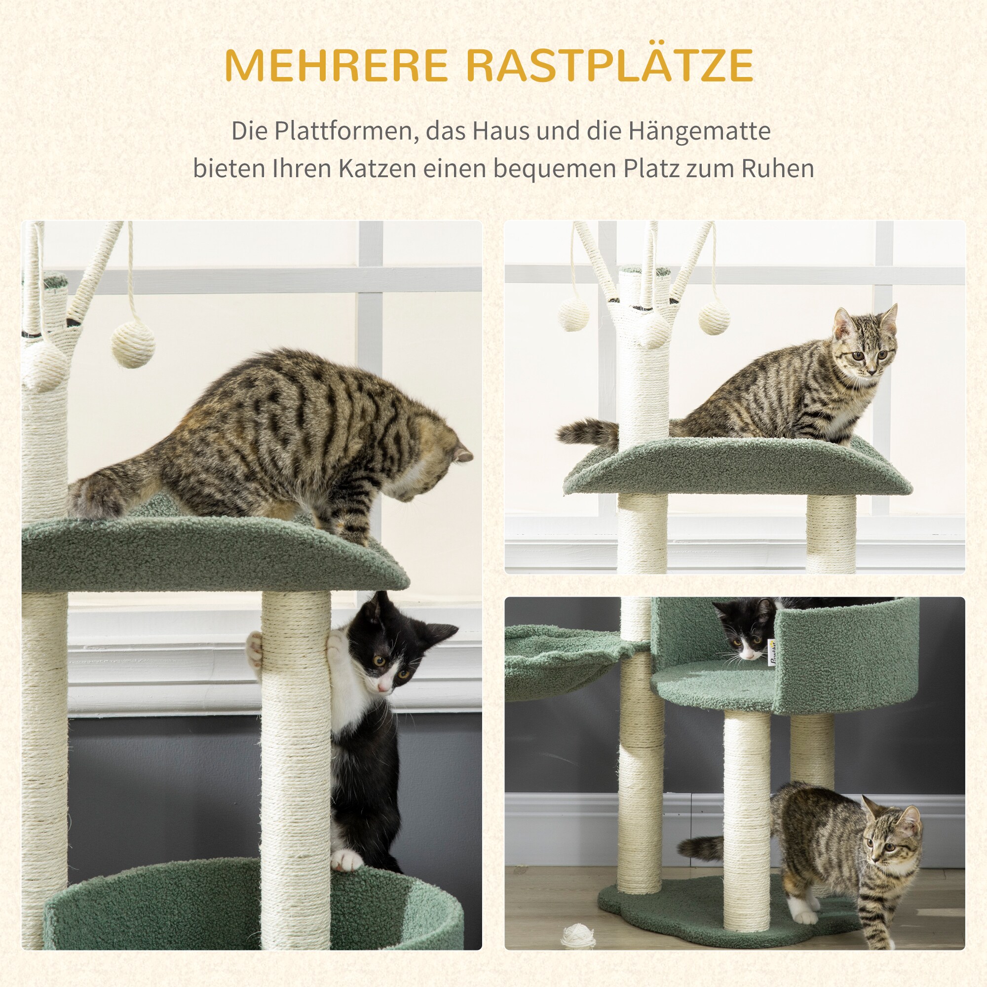 PawHut Kratzbaum mit 3 Spielbällen grau, natur 44L x 43B x 123H cm