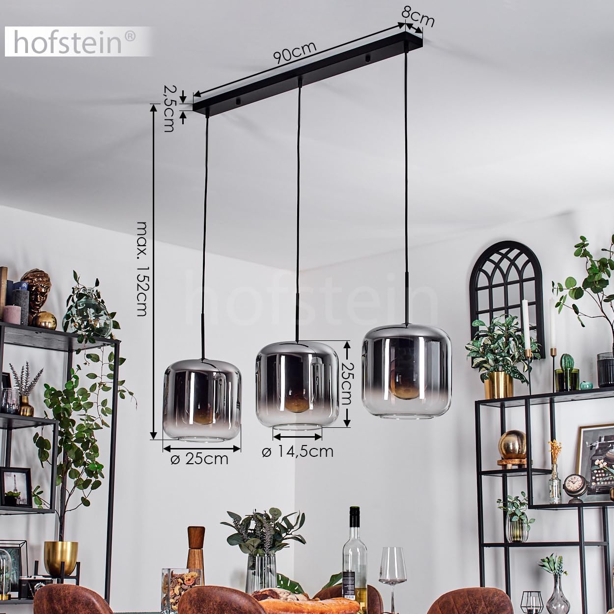 Hängeleuchte Lauden, Hängelampe aus Metall/Glas in Schwarz/Chrom-/Bernsteinfarben, Leuchte im modernen Retro/Vintage-Design mit Schirmen aus Glas (Ø 25 cm), Höhe max. 152 cm, 3x E27, ohne Leuchtmittel