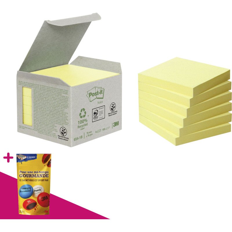 Notes repositionnables jaunes recyclées Post-It - en tour distributrice - bloc de 100 feuilles = Pour l'achat 6 notes repositionnables, 1 sachet de M&M OFFERT