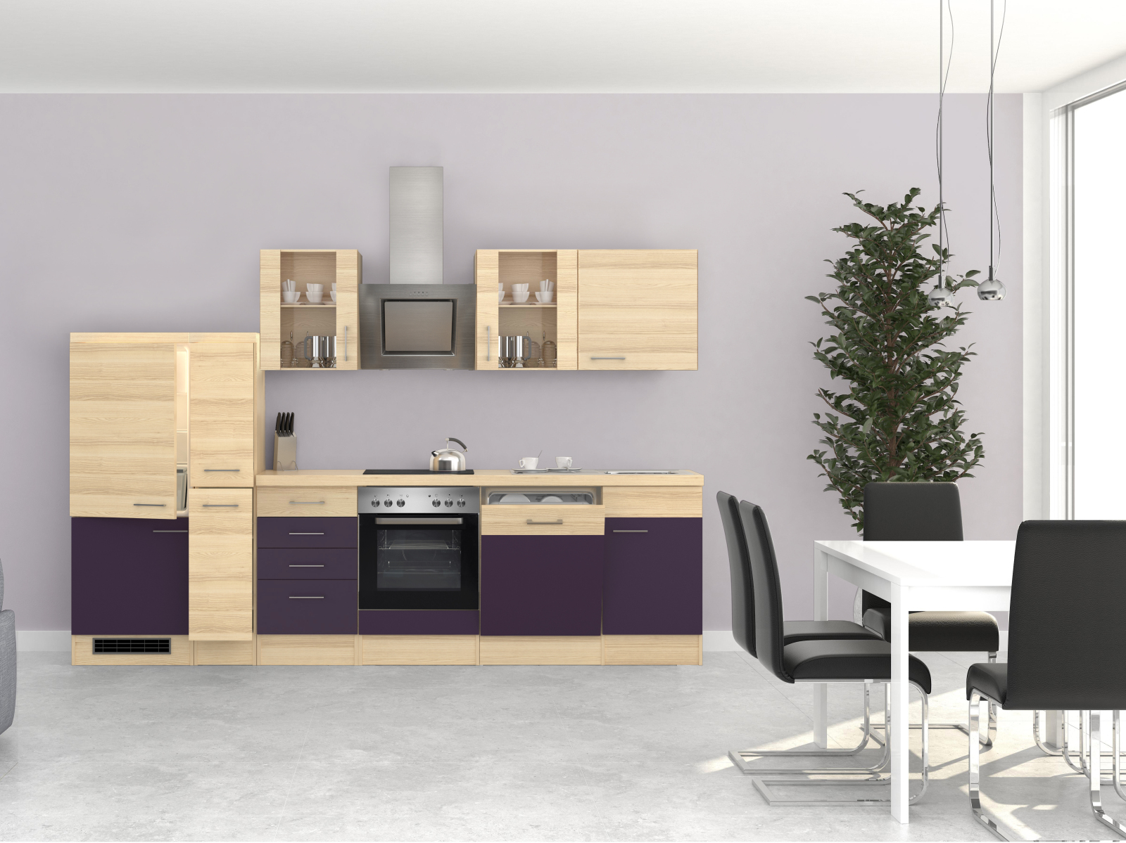 Küchenblock FOCUS - Akazie-Aubergine - mit E-Geräten - 310 cm