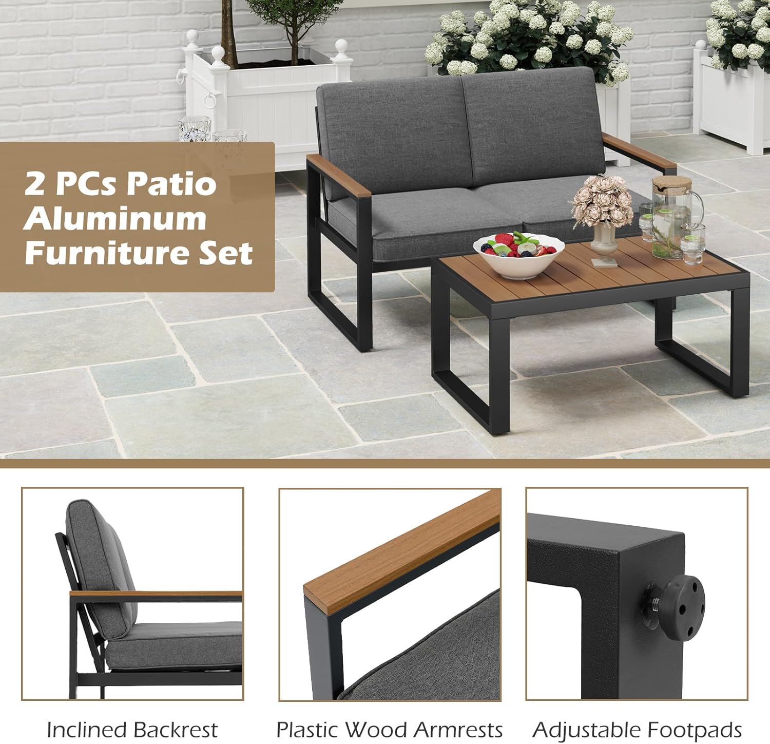 GIANTEX 2 TLG. Gartenmöbel Set, Balkonmöbel wetterfest mit Aluminiumrahmen, Terrassenmöbel Set 2-Sitzer Sofa & Couchtisch, inkl. Kissen, Balkonset für 2 Personen, Gartengarnitur Outdoor Sitzgruppe