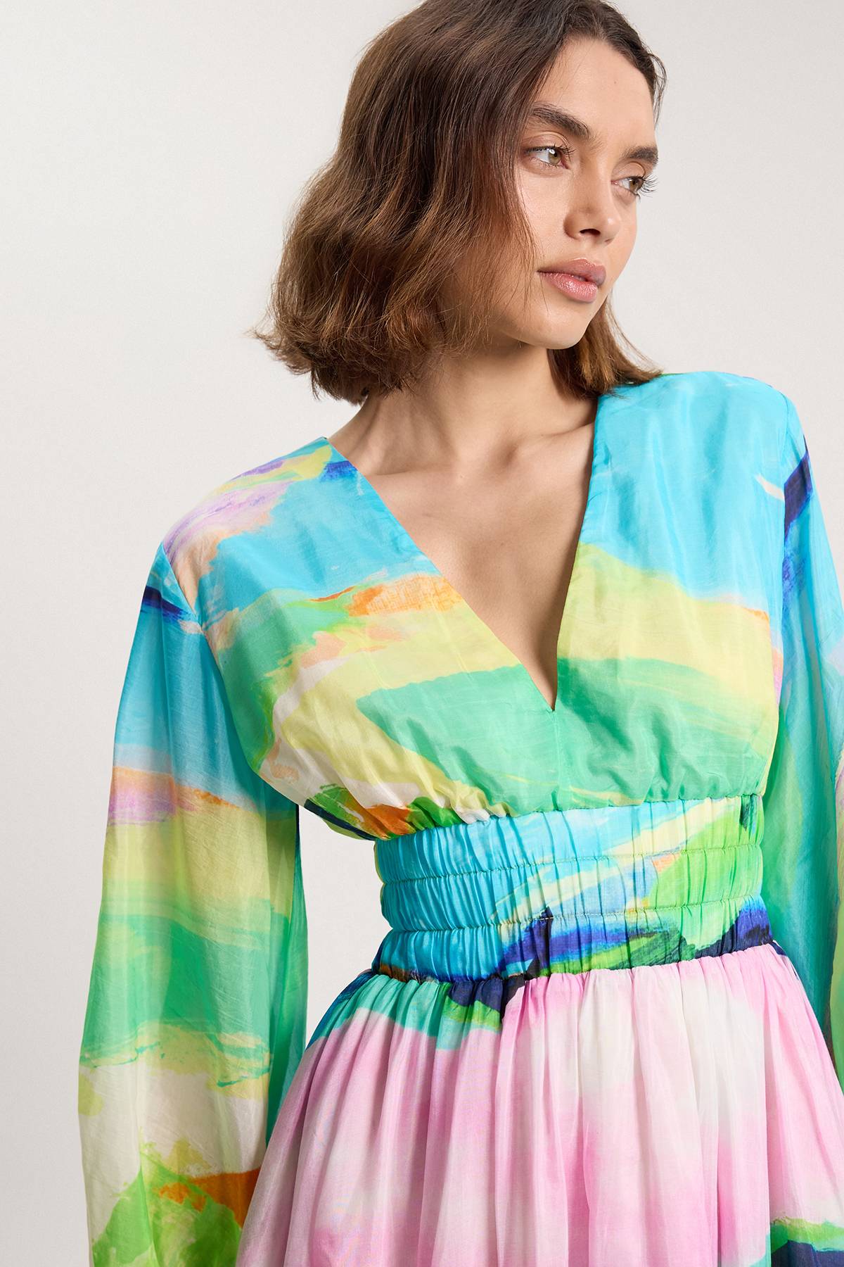 KarenMillen Robe Maxi Tissée En Coton Soie À Imprimé Paysage Et Manches Ballon