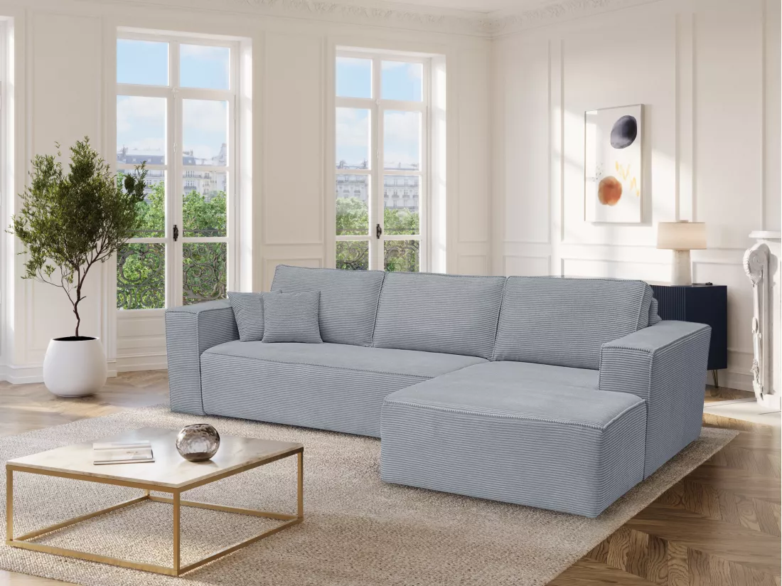 Canapé d'angle droit convertible express en velours côtelé gris clair - Couchage 140 cm - Matelas 13 cm AMELIA II