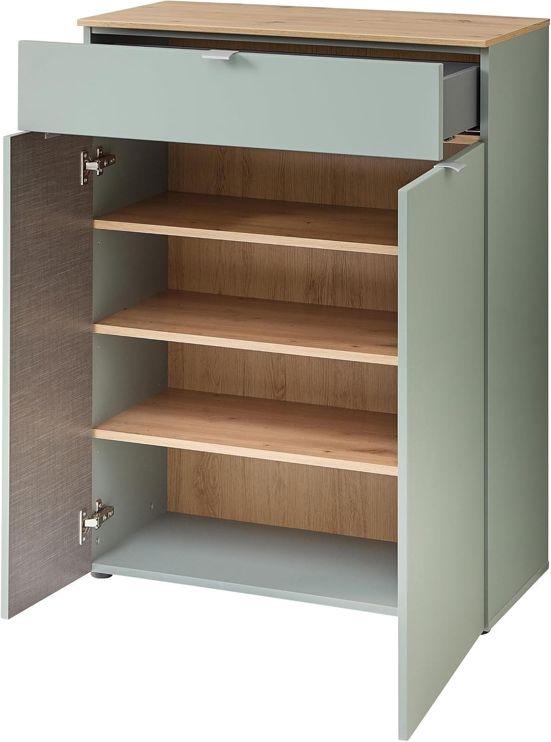möbelando Garderoben-Set >Bari< (2-teilig) Schuschrank 78x103x38cm mit 3 Böden und Schublade, Spiegel 78x80x17cm mit 2 Böden, Schilfgrün supermatt/Artisan Eiche Dekor - 78x190x38cm (BxHxT)