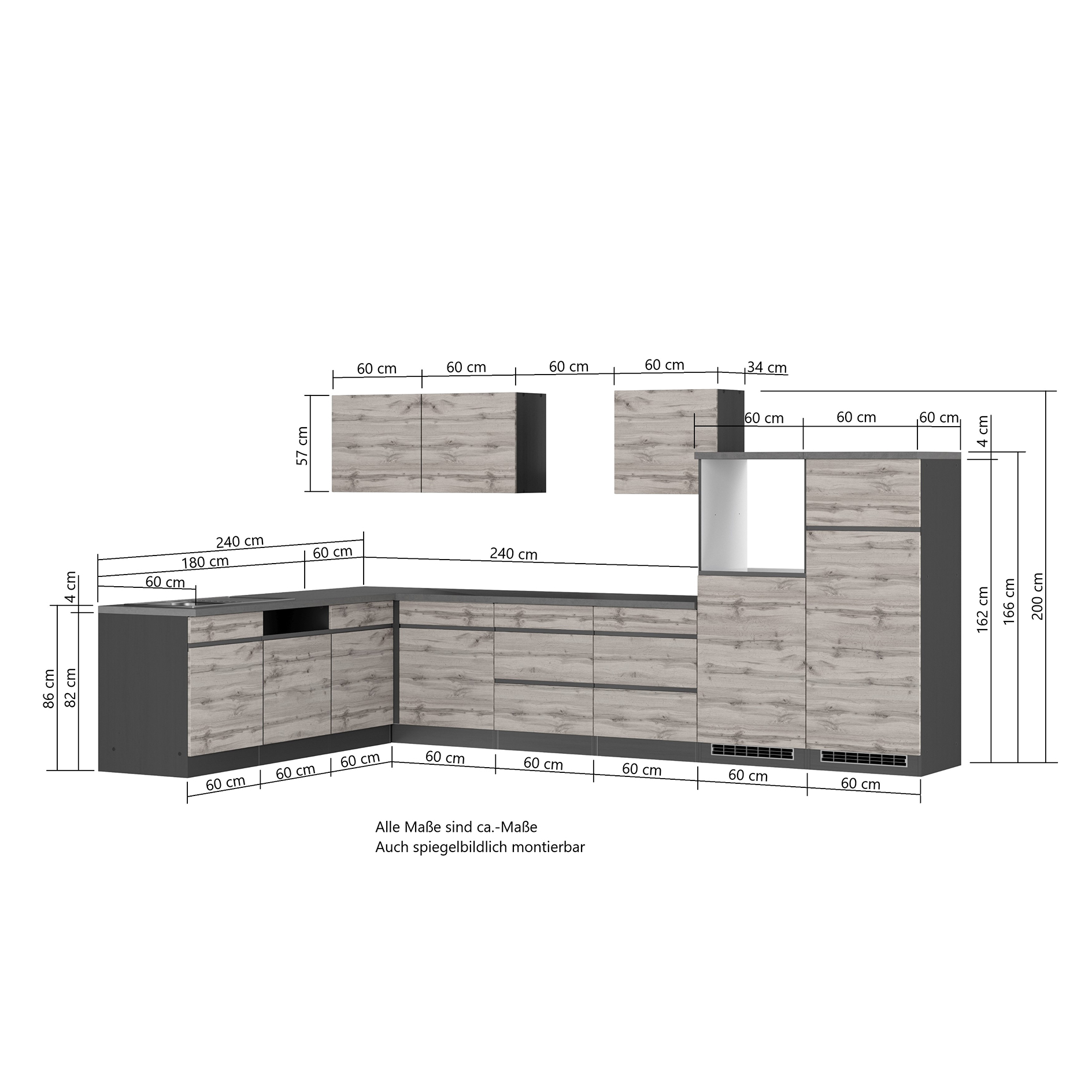 Winkelblock TURIN - grau matt-Wotan Eiche - 360x240 cm