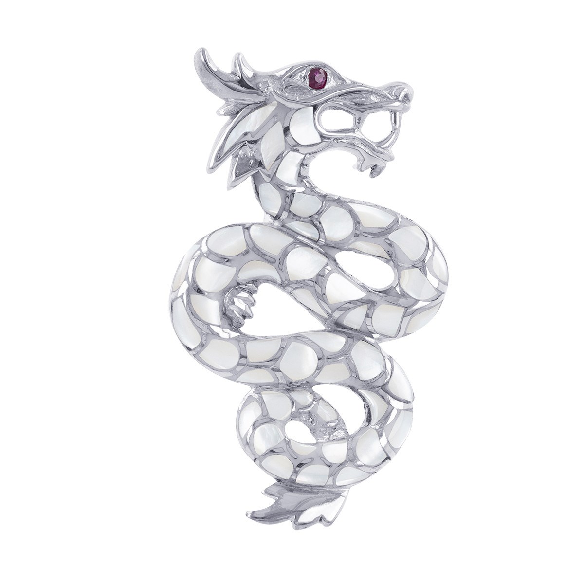 Pendentif Dragon - Argent Massif, Nacre Blanche, Zirconium Rouge - Bijou Unique