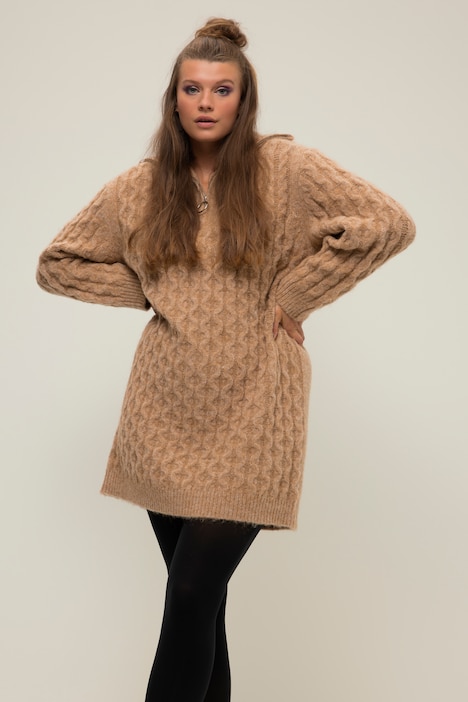 Strickkleid, Straight Shape, Zopf-Muster, Troyer-Kragen, Langarm