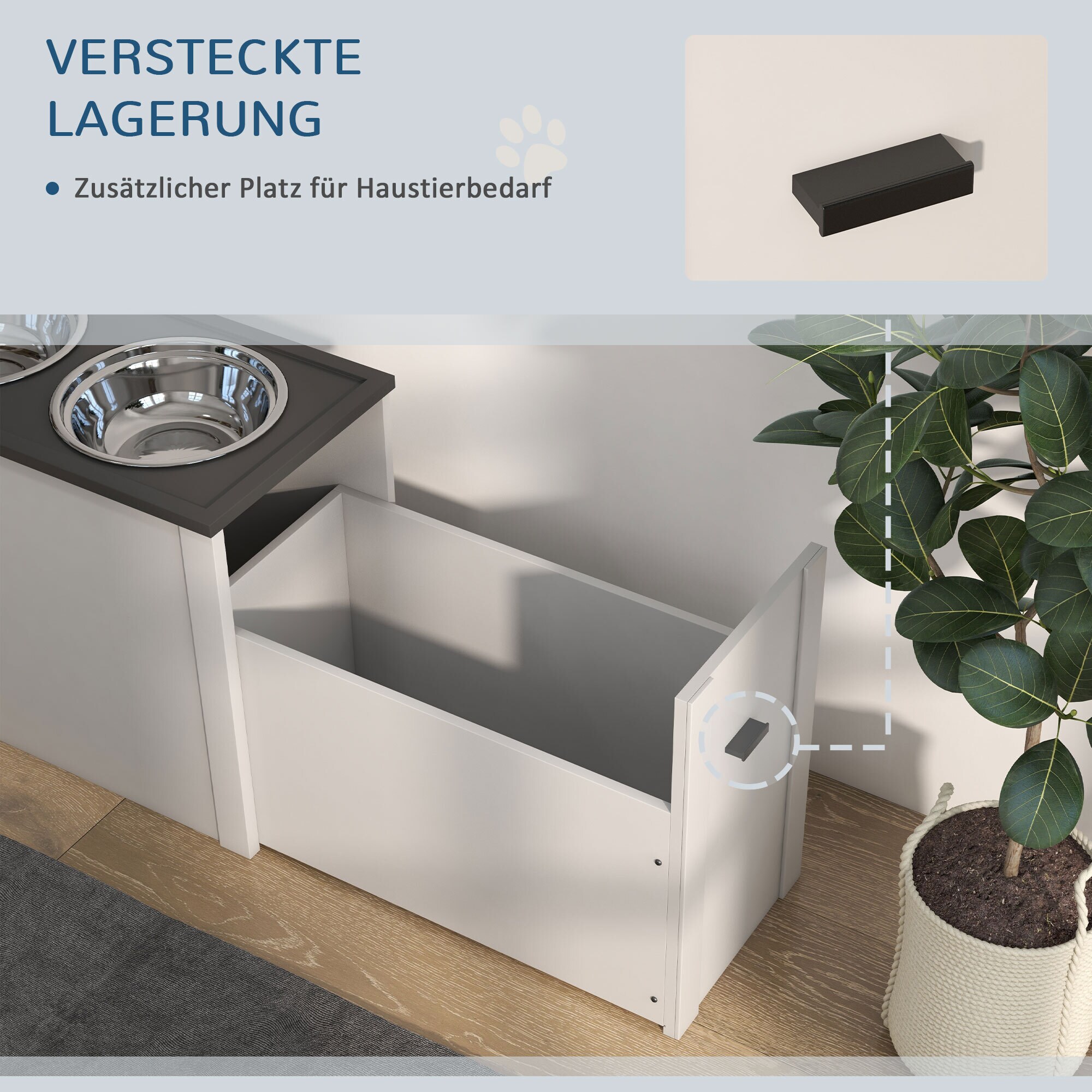 PawHut Erhöhter Futternapf mit abnehmbaren Schalen und Staufach an der Seite weiß 60L x 30B x 42H cm