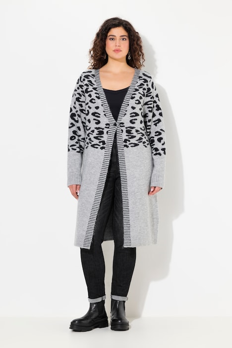 Long-Strickjacke, Leomuster, V-Ausschnitt, Langarm