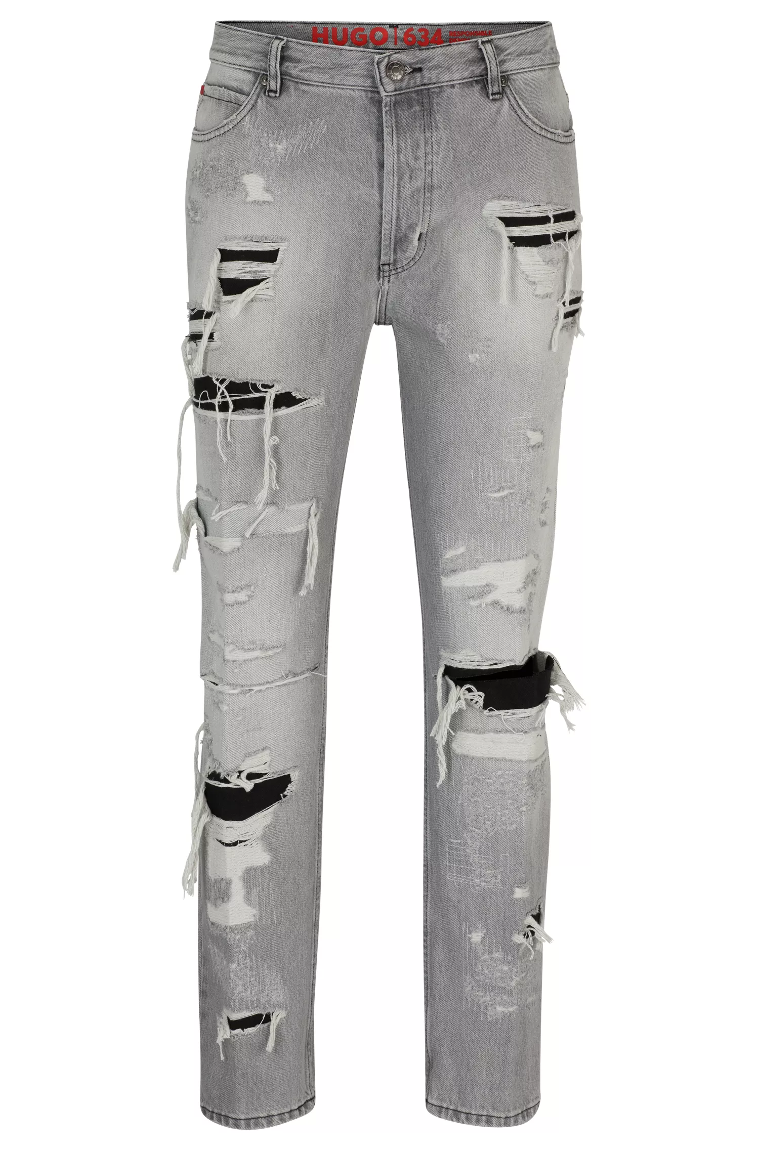 Calça jeans HUGO vermelha, corte afunilado, em denim cinza-prateado com efeito desgastado.