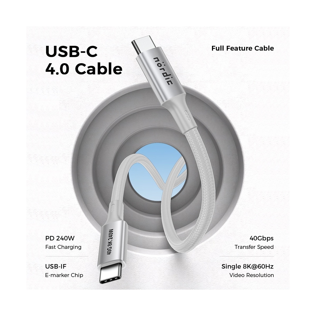 NÖRDIC 25 cm USB4 USB-C til C nylonflettet kabel PD3.1 med 240W hurtiglading 40G 8K60Hz 4K120Hz 5K60Hz 2x4K60Hz Emarker