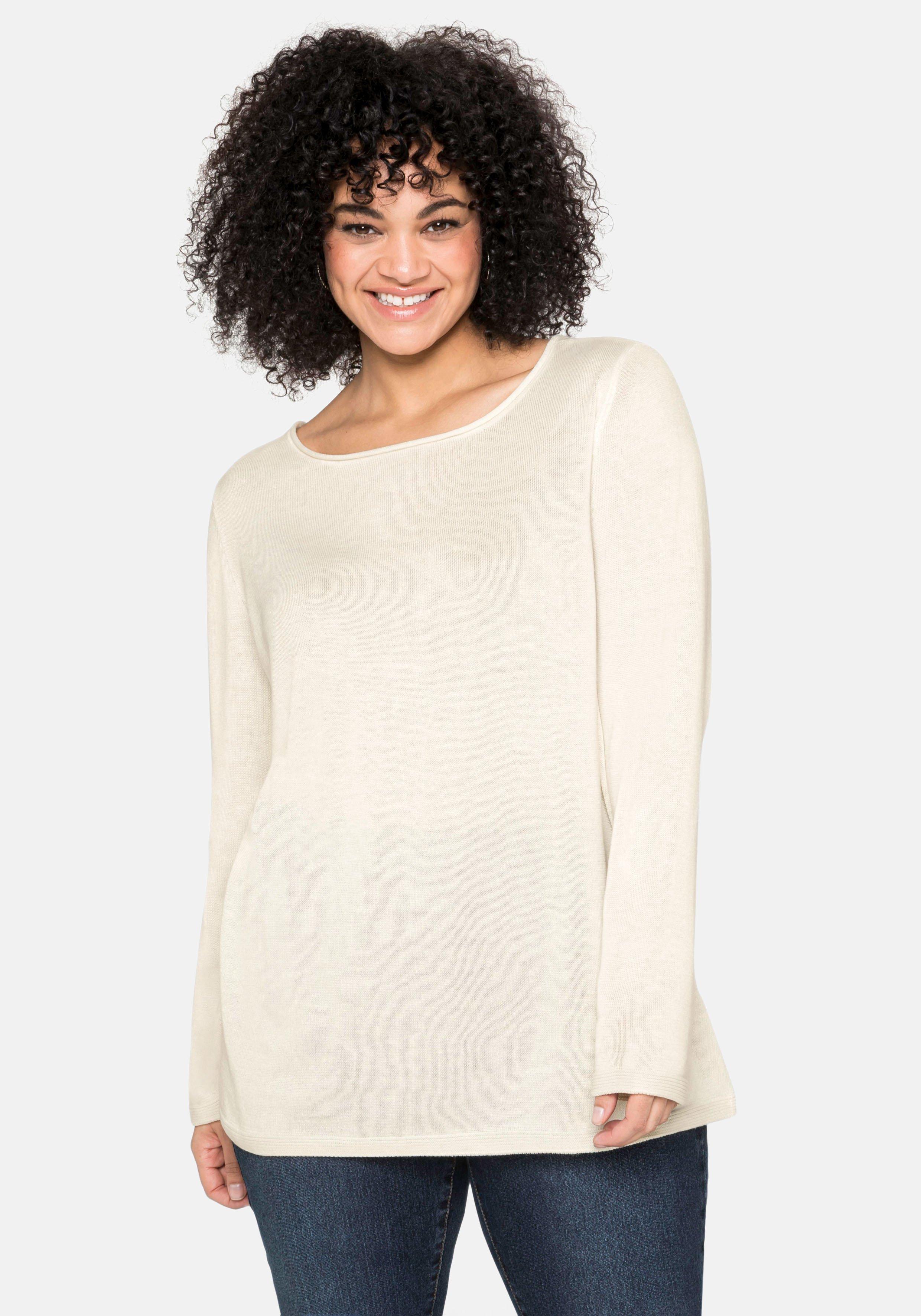 Longpullover mit U-Boot-Ausschnitt und Leinenanteil