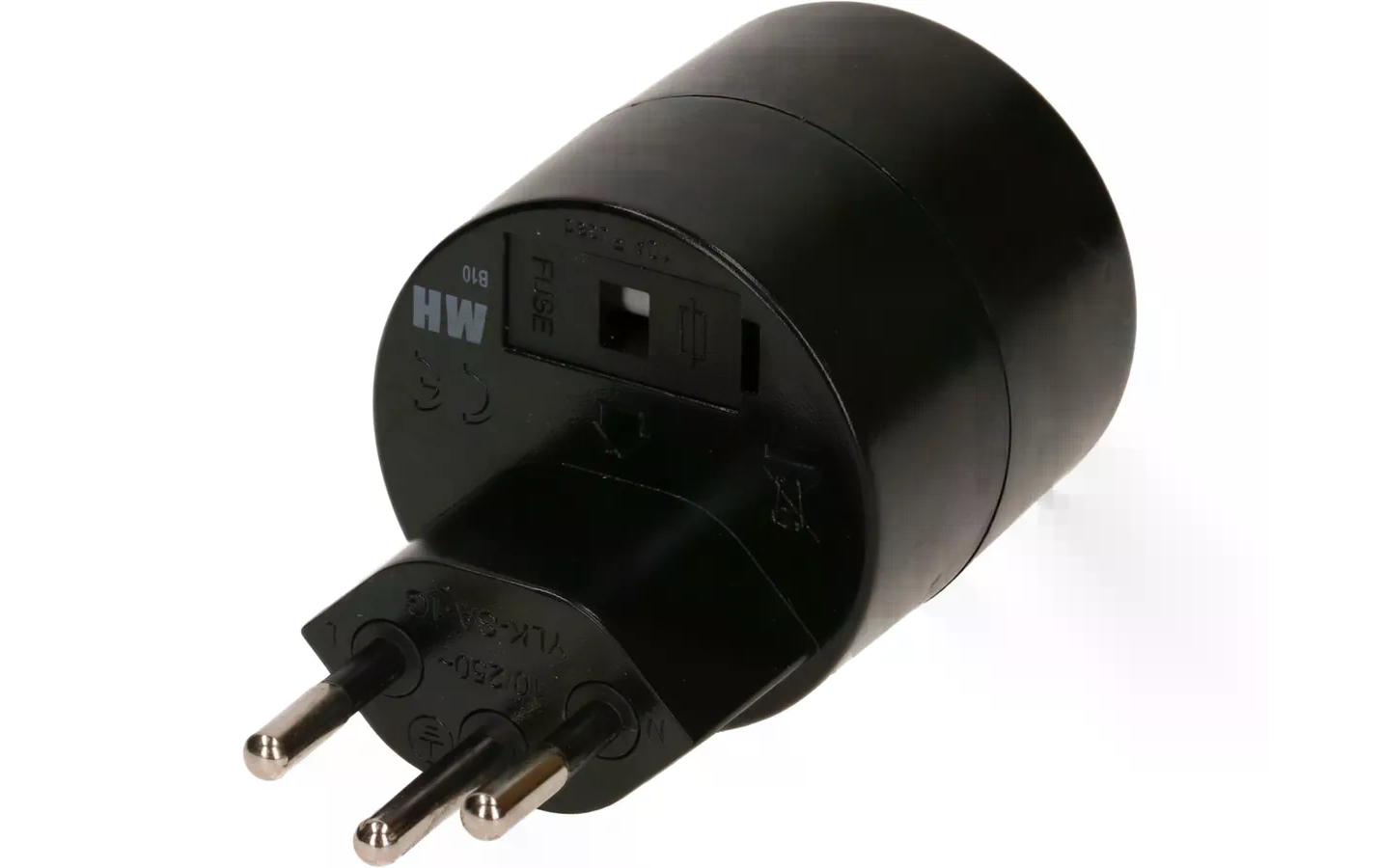 Reiseadapter Schuko – T12, SchwarzAsymmetrischer Übergangsstecker
