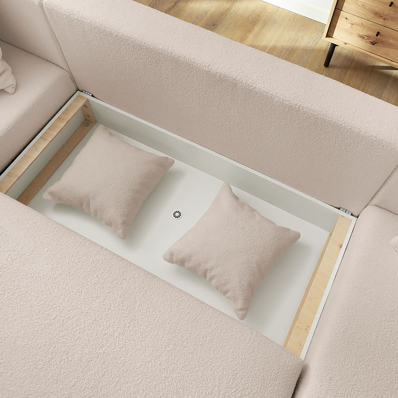 Bobochic Canapé panoramique convertible coffre bouclette envy beige - 386x153x95 cm