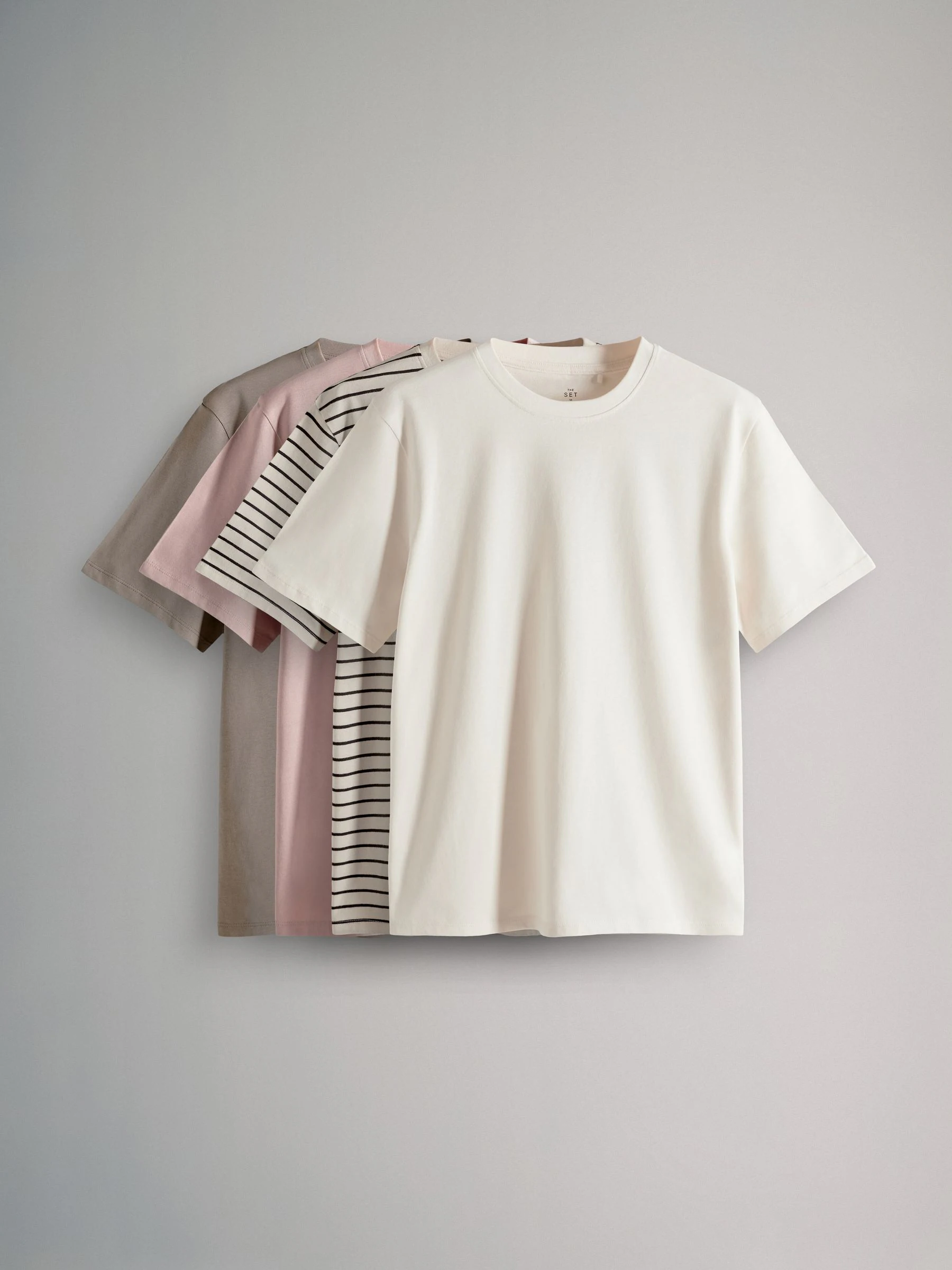 Roze rozen/neutrale streep/crèmekleurig/taupe bruin - The Set verpakking van 4 100% katoenen relaxte T-shirts met korte mouwen