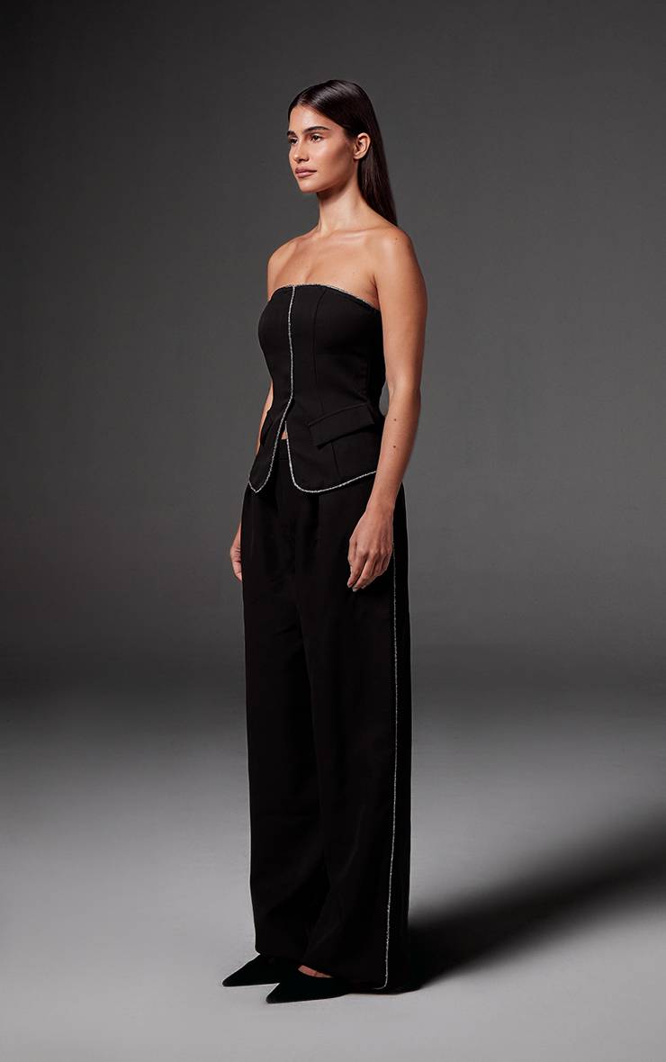 Noir Pantalon Large Plissé Tailleur Tissé Avec Ornements De Strass Coordonné