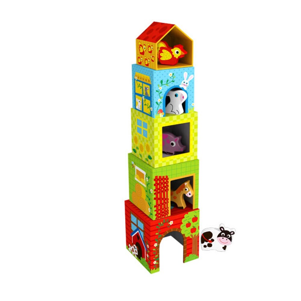 Tooky Toy Holz-Stapelpyramide TKF053 mit Bauernhoftieren, 10-teilig, Stapelturm bunt