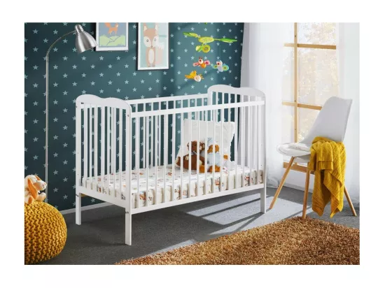Lit et matelas bébé évolutif collection NOE réglable en hauteur. Coloris blanc mat.