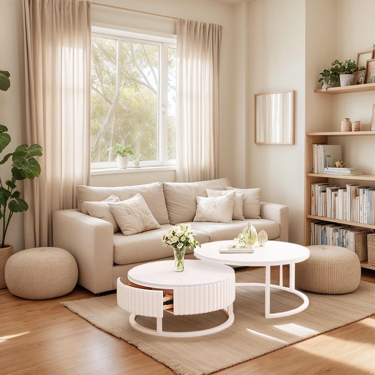 Runder Couchtisch Weiss 2er Set Marmor Couchtisch Rund Mit Stauraum 50+70cm Satztische Fürs Wohnzimmer Modern Couch Tisch Wohnzimmer Weiß Couchtische Holz Schublade Stabiler Metallrahmen