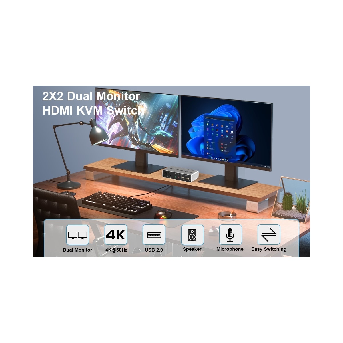 NÖRDIC KVM Switch 2x2 HDMI 4K60Hz 3xUSB3.0 Audio EDID