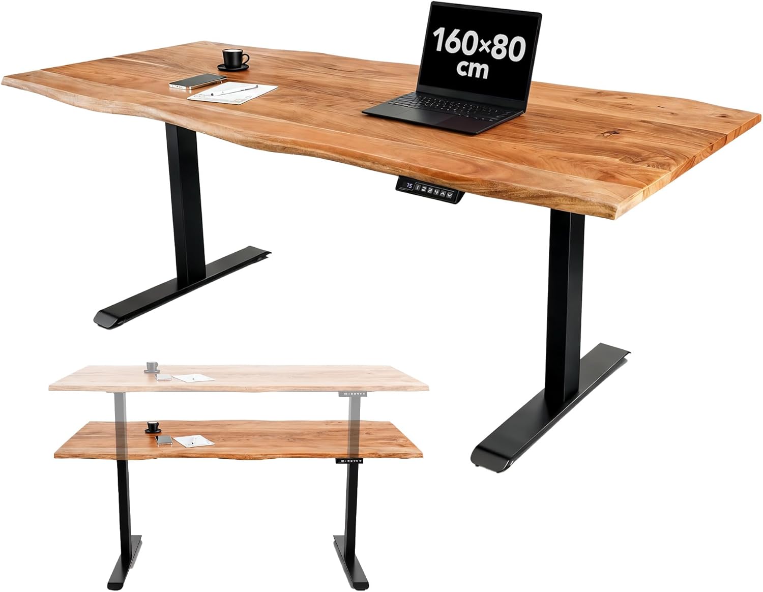 Riess Ambiente Höhenverstellbarer Schreibtisch Mammut - 160cm - Natur schwarz - Akazie Massivholz - elektrisch Baumkante