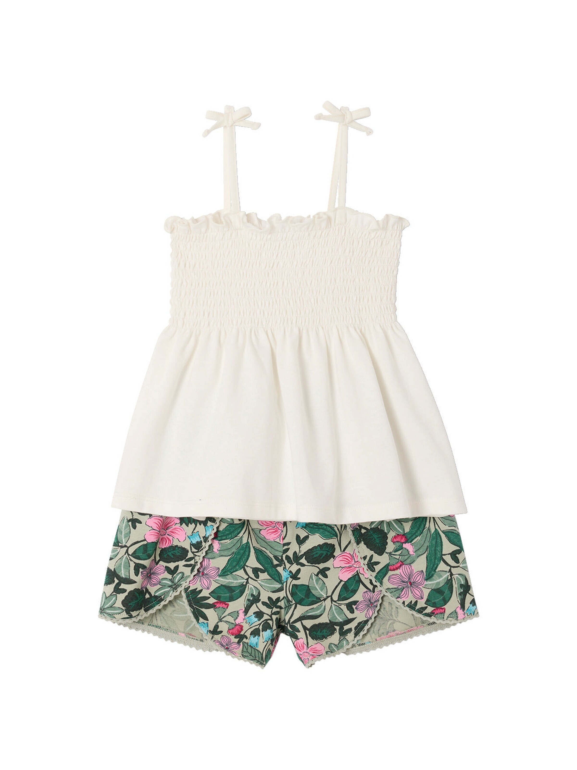 Vertbaudet Mädchen-Set: gesmoktes Top & bedruckte Shorts salbeigrün
