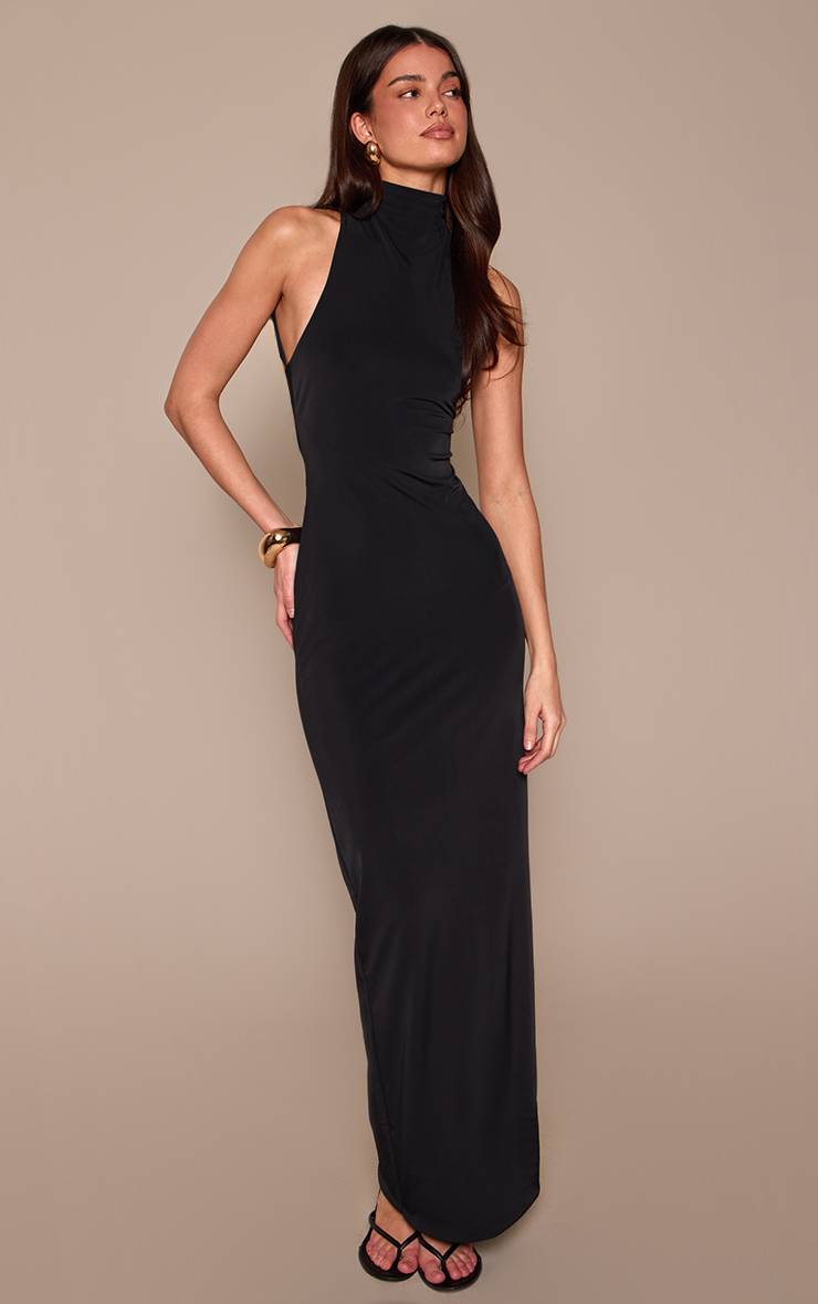 Noir Robe Maxi Asymétrique Près Du Corps À Col Montant