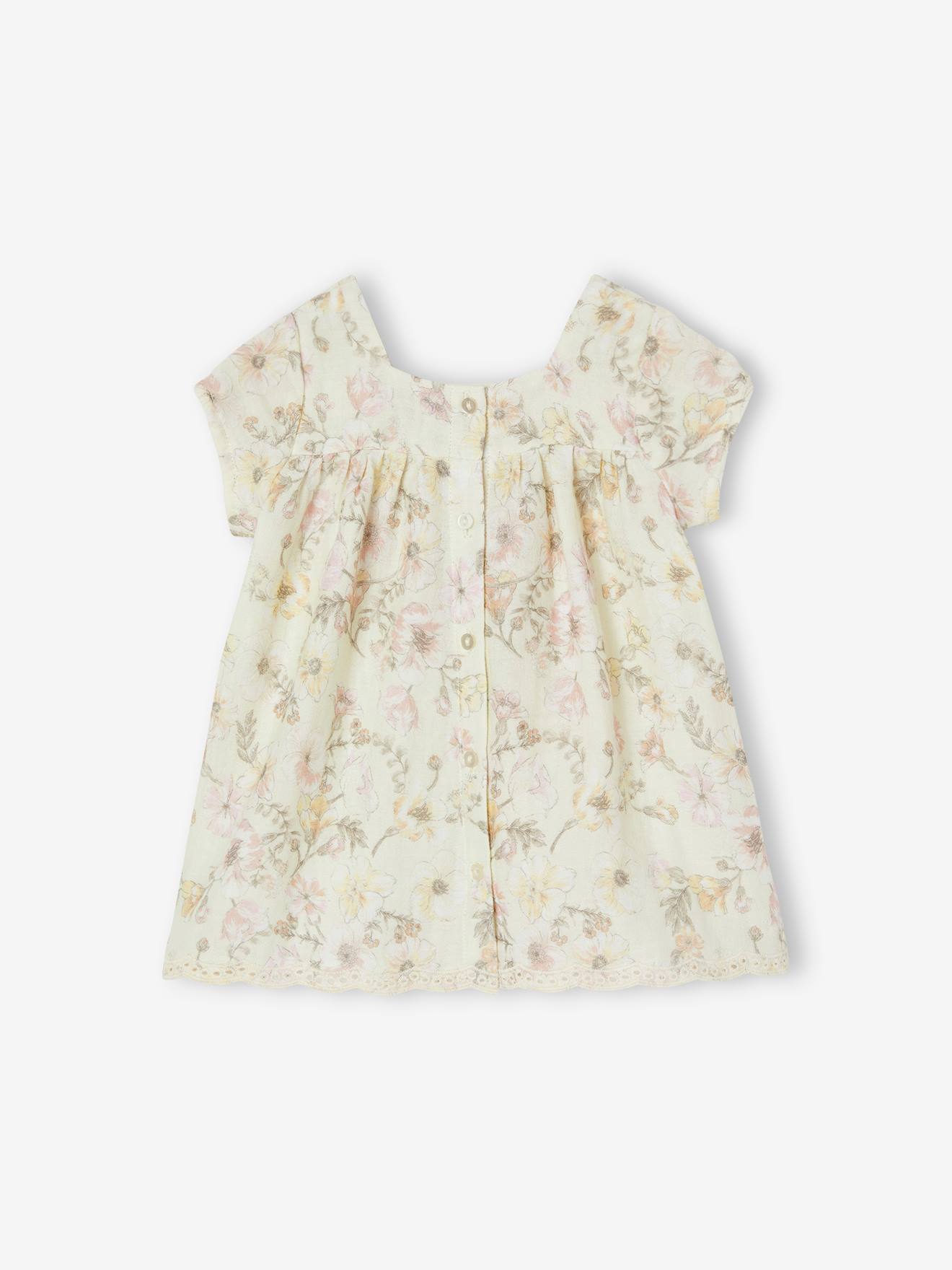 Vestido curto de manga curta com estampa floral off-white para bebê