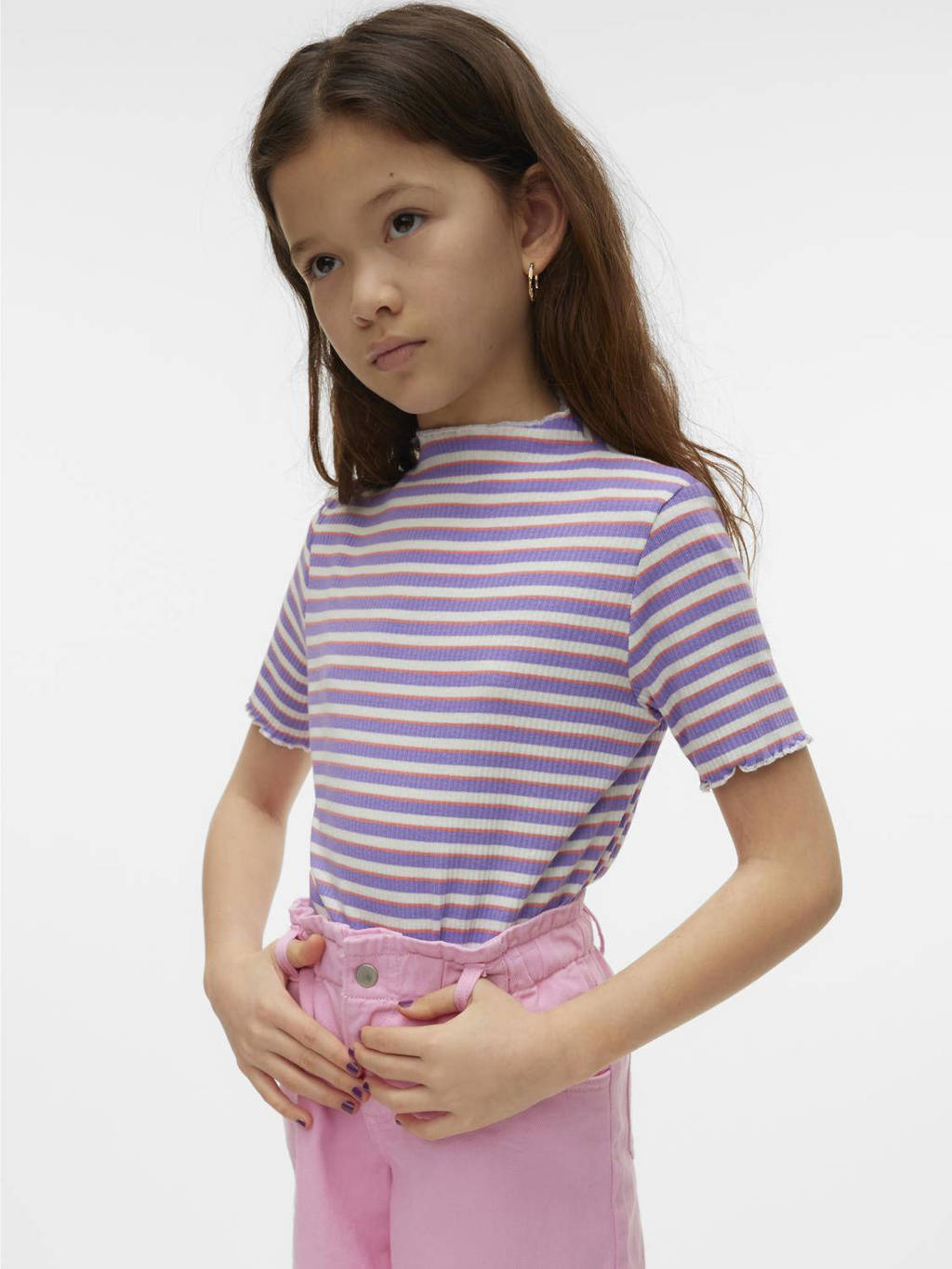 VERO MODA GIRL gestreept ribgebreid T-shirt VMVIO wit/paars/roze