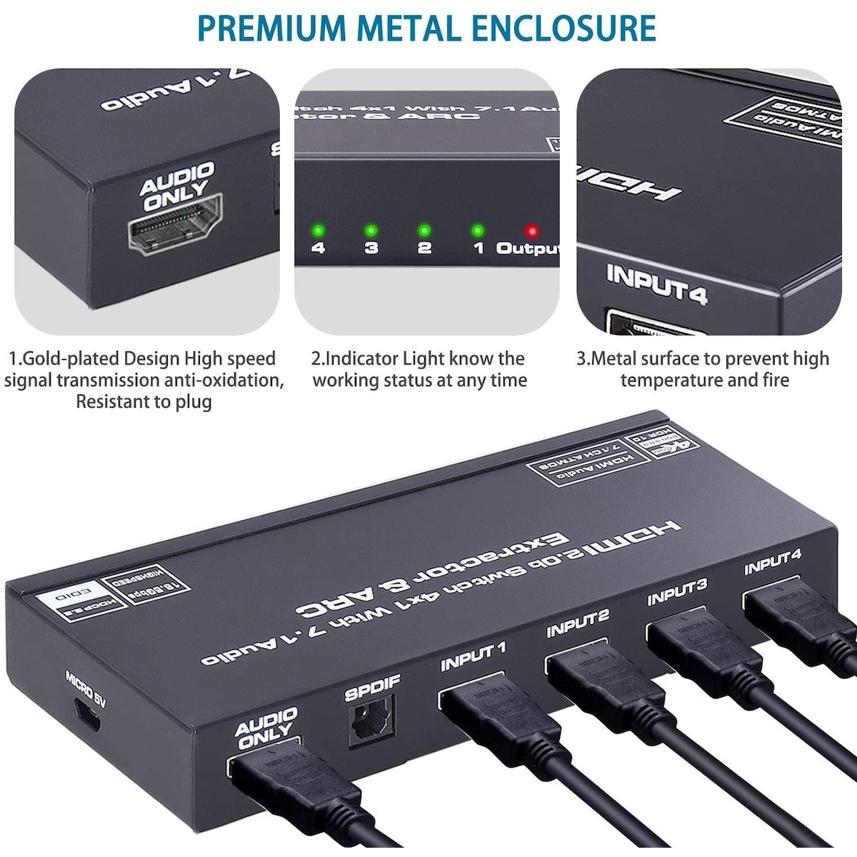 NÖRDIC HDMI Switch 4 til 1 med 7.1 lydekstraktor ARC SPDIF stereo 3,5 mm lyd 4K60hz HDCP2.2 3D HDR10 18Gbps