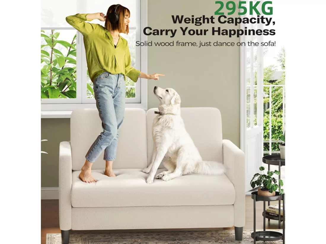 Canapé 2 places confort en Velours Teddy beige, avec assise profonde de 55cm et accoudoirs - 128x78x89cm
