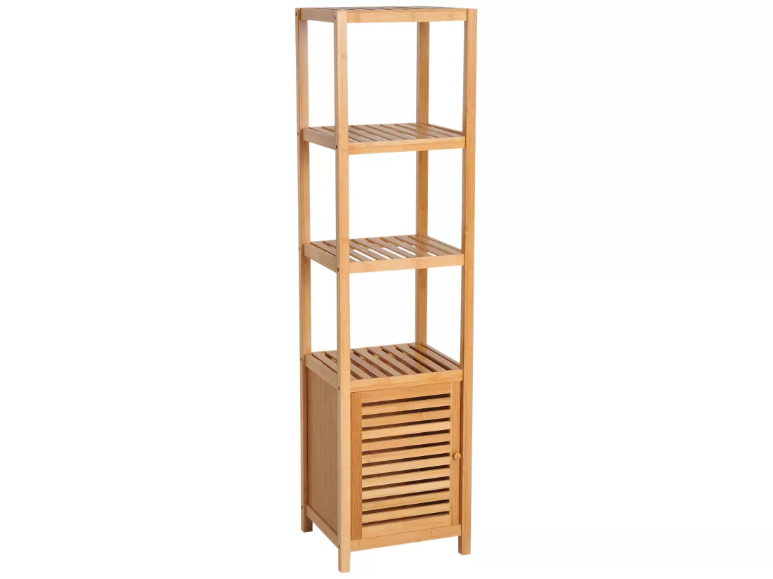 Meuble colonne rangement salle de bain bambou design naturel 36L x 33l x 140H cm 2 étagères 4 niveaux + placard