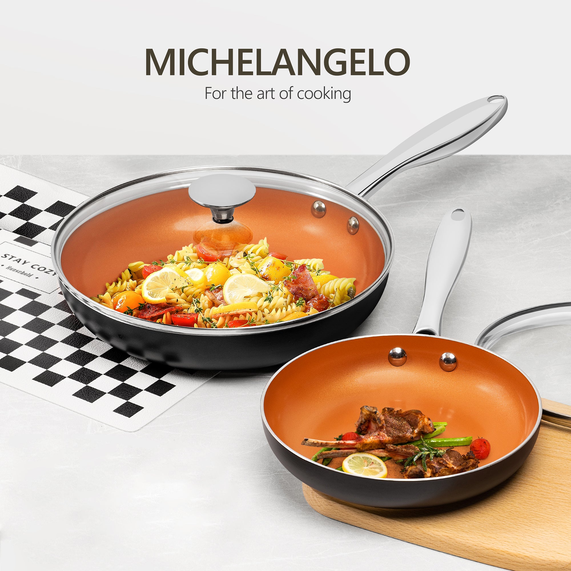 MICHELANGELO Copper Frying Pan Set with Lid, 8