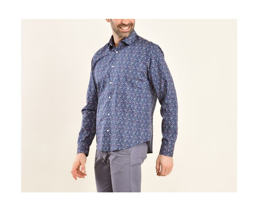 Chemise coton bleue imprimée fleurs corail - WILROSE