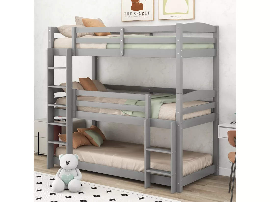 Lits Superposés Triple - 90 X 200 cm - Pour Adultes Et Enfants - Protection Antichute - Gris