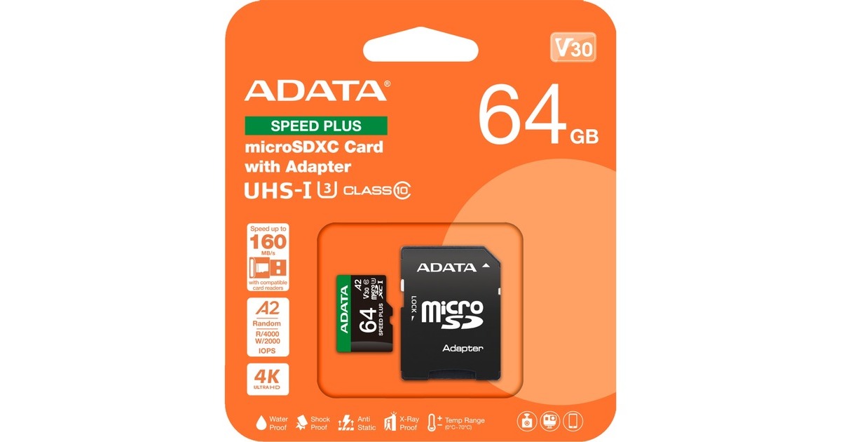 ADATASPEED PLUS microSDXC 64 GB geheugenkaart  (UHS-I U3, Class 10, V30, A2)