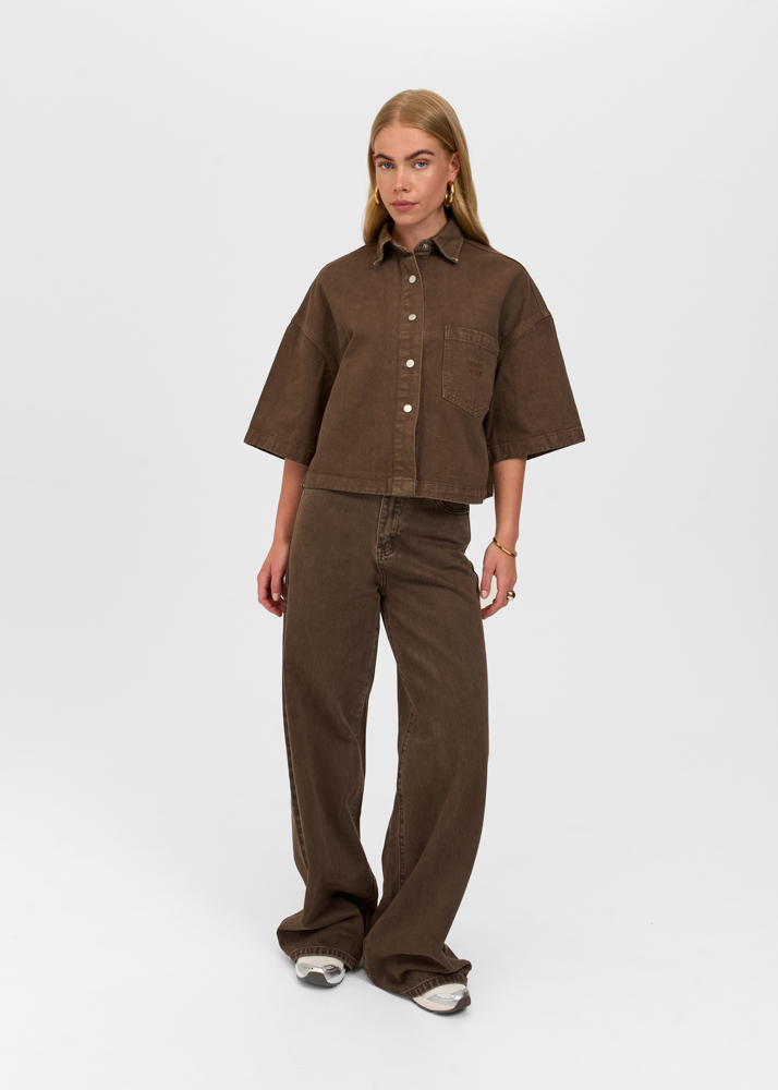Denim blouse korte mouw choco bruin