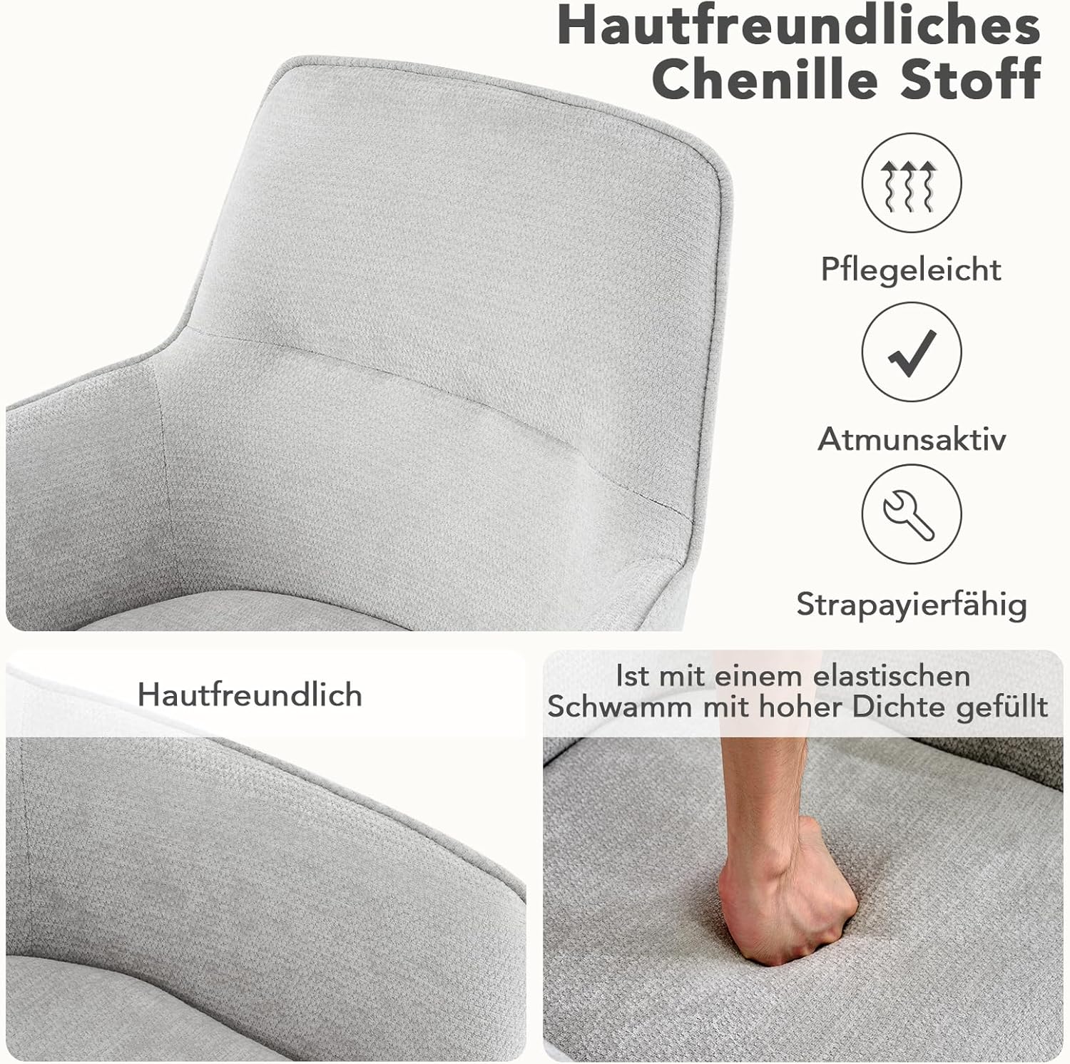 Esszimmerstühle Drehbar mit Armlehne 2er Set, 360°Drehbar Polsterstuhl Küchenstuhl aus Chenille, Stühle Esszimmer Schminkstuhl mit Metallbeine für Esszimmer Küche Schlafzimmer, Hellgrau