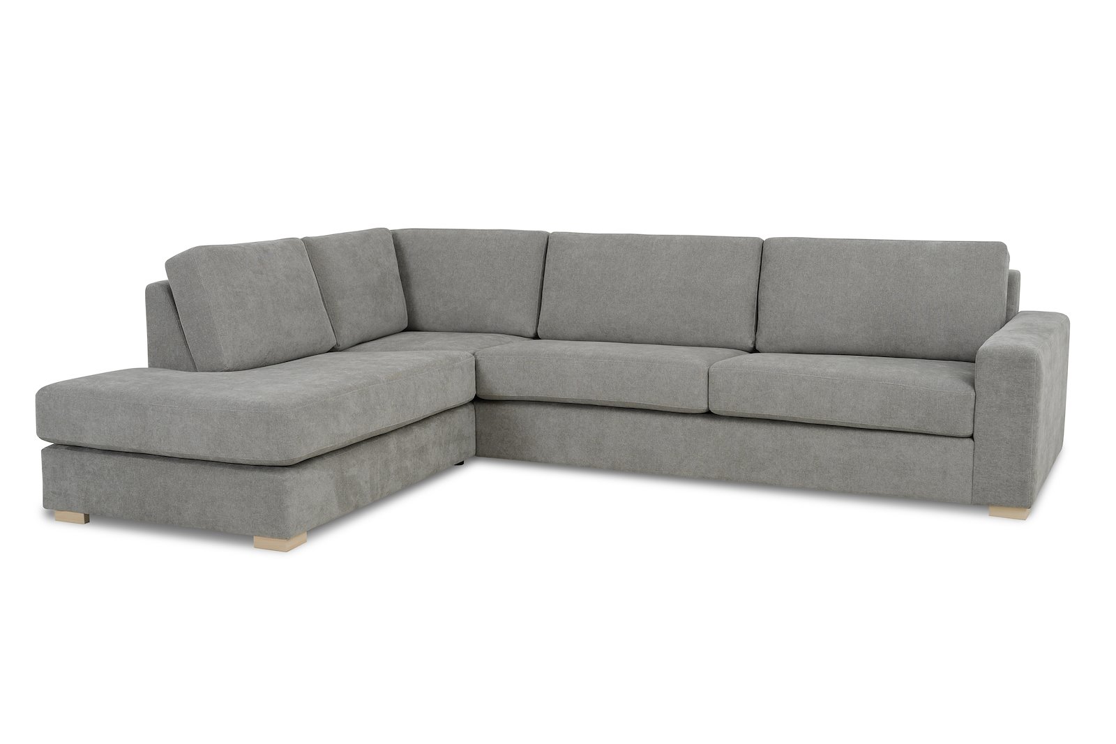 Modern Living hjørnesofa 3-seter med åpen ende venstre fast. I tekstil Storm 3/3 Warm Grey, Arm A og ben 1. Faste puter og skum kvalitet