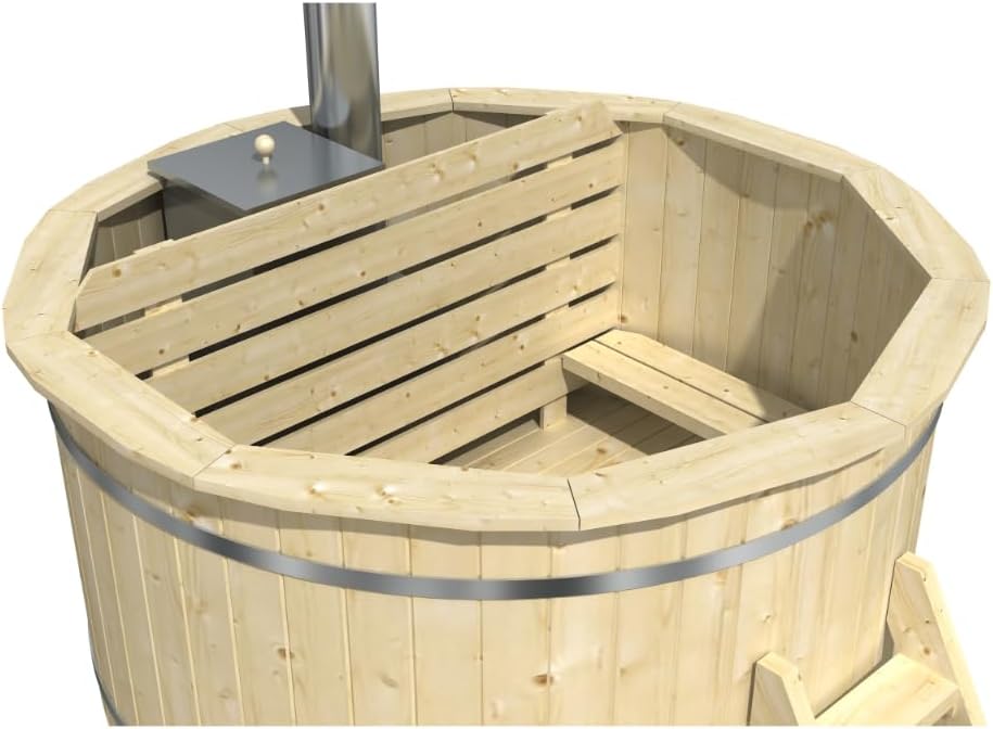 Holz Badefass Bergen, Hot Tub Ø 180 x 110 cm, inkl. Edelstahl-Ofen 22 kW und Einstiegsleiter, 5-6 Personen, Schwimmbecken, Badebottich, Sprudelbad