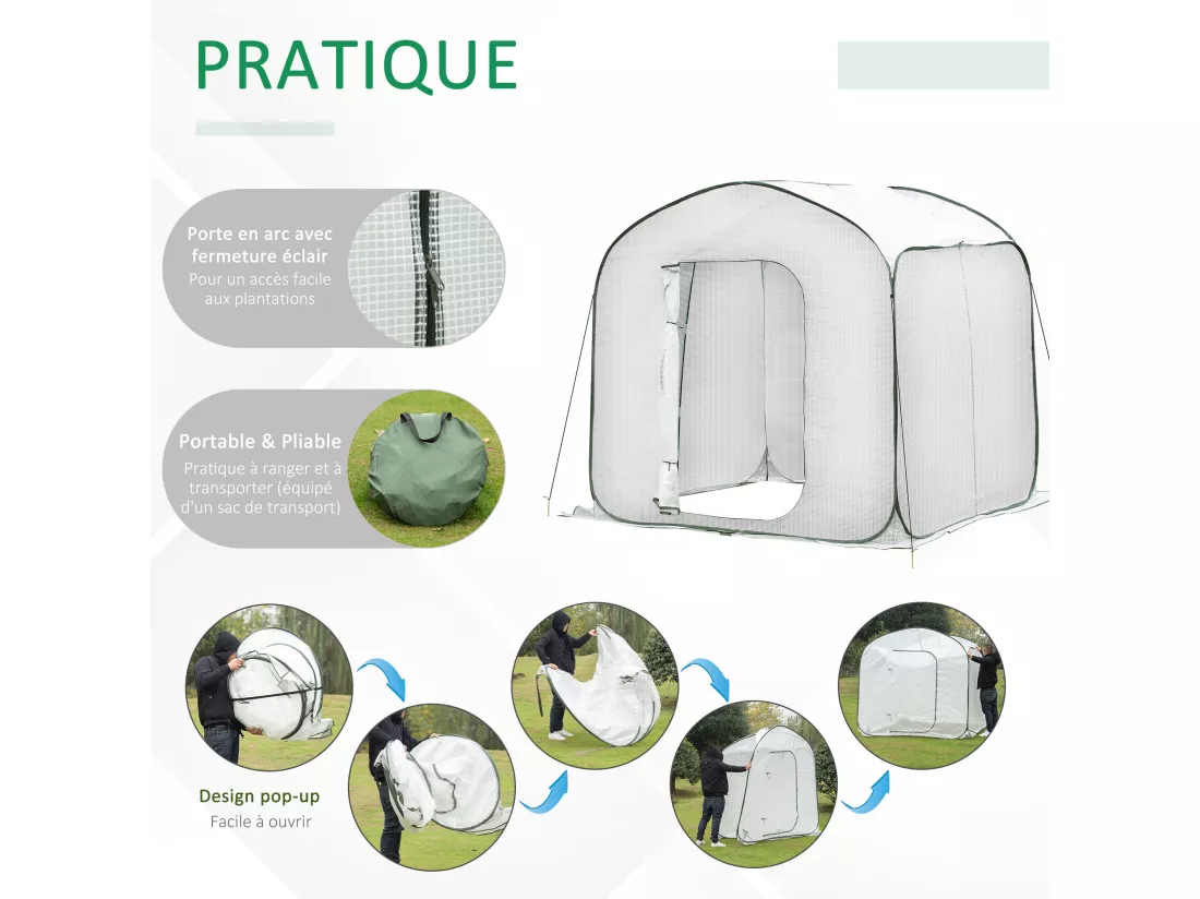 Serre pop-up - serre de jardin pop-up - porte zippée enroulable - dim. 2,08L x 2,08l x 1,95H m - sac transport inclus - PE blanc vert