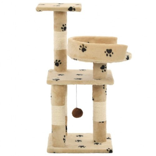 Arranhador bege para gatos com estampa de sisal e pegadas.