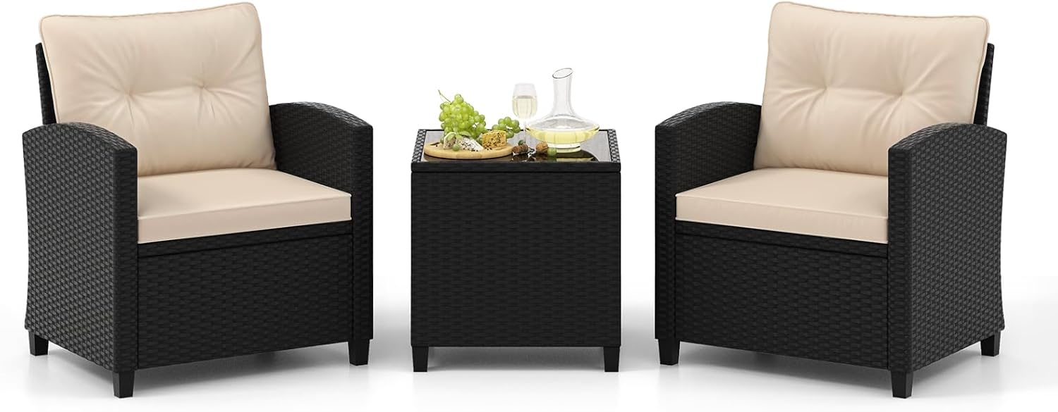 COSTWAY 3-TLG. Rattan Gartenmöbel Set, Balkonmöbel mit Kissen, 2 Stühlen und Tisch, Polyrattan Balkonset, Terrassenmöbel, Gartengarnitur, Sitzgruppe für Terrasse, Balkon, Garten (Beige)