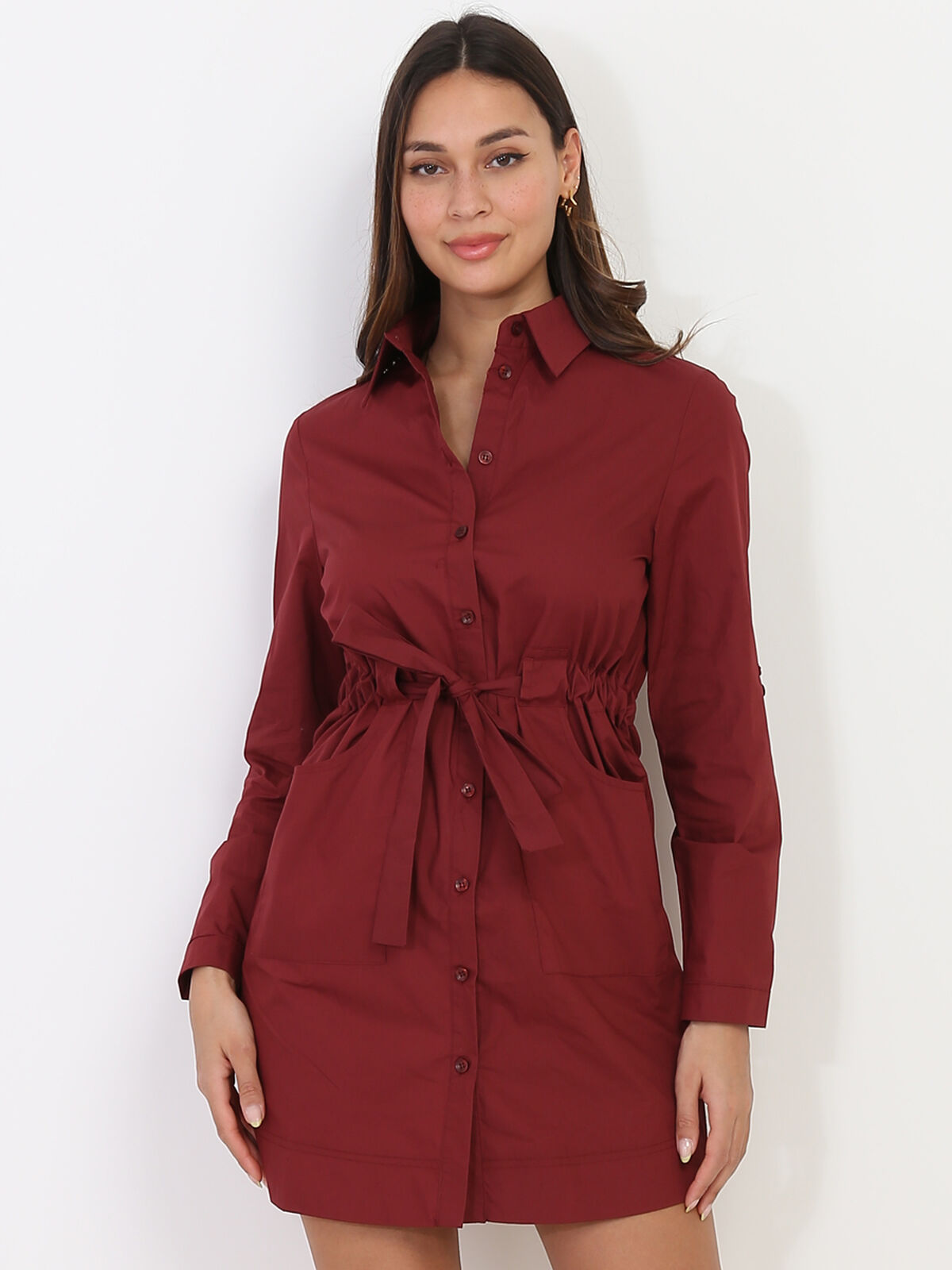 Robe chemise avec ceinture- Bordeaux