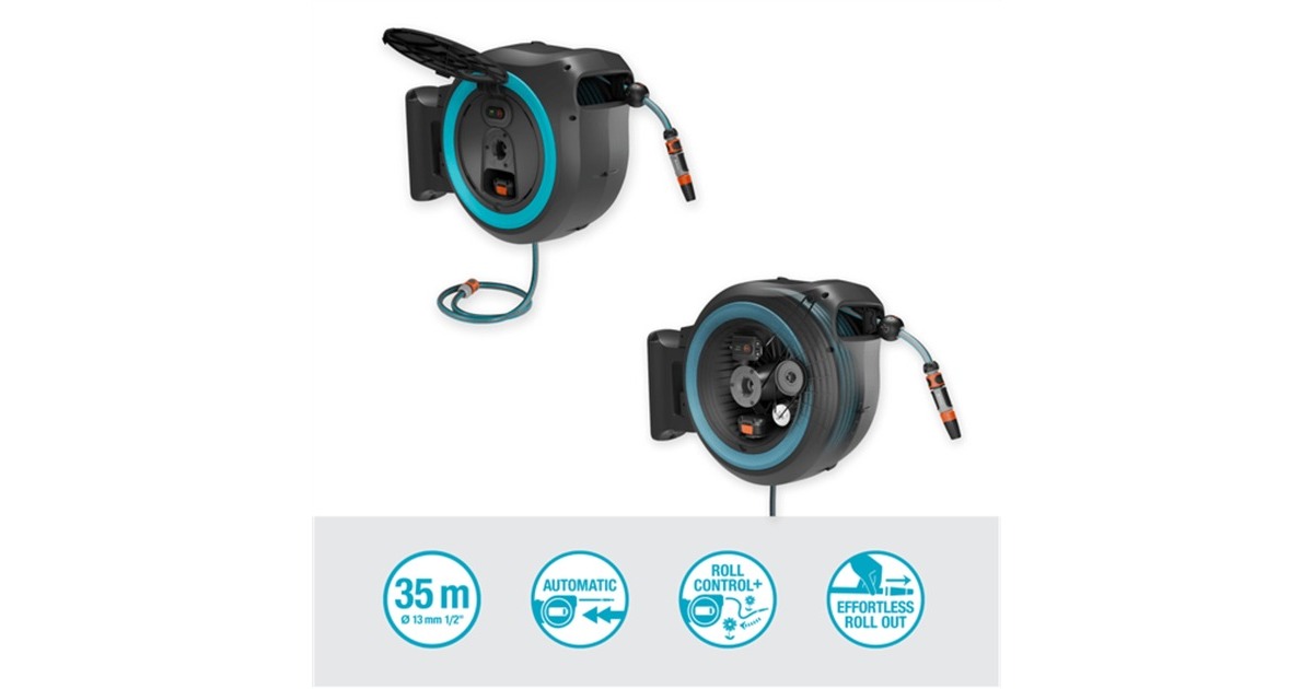 GARDENA35 m Wand-slangenbox Powerroll XL slanghaspel  (Grijs/turquoise, 35 meter, Accu en oplader inbegrepen, POWER FOR ALL ALLIANCE)