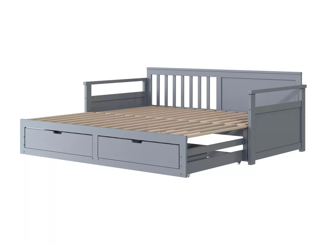 Lit gigogne 90 x 190 cm/180 x 190 cm avec 2 tiroirs - bois massif - gris